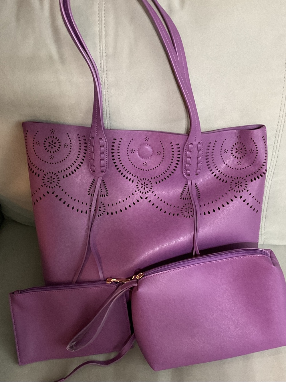 Purple Laser-Cut Tote Bag with Matching Pouches